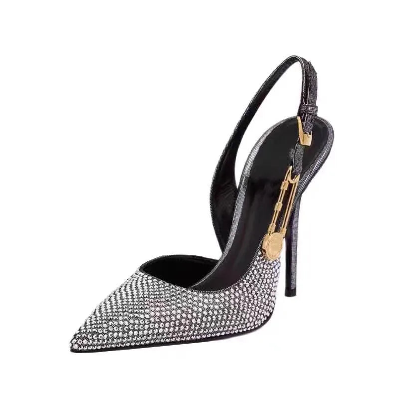 Elegant Rhinestone Pointed Toe Slingback Heels